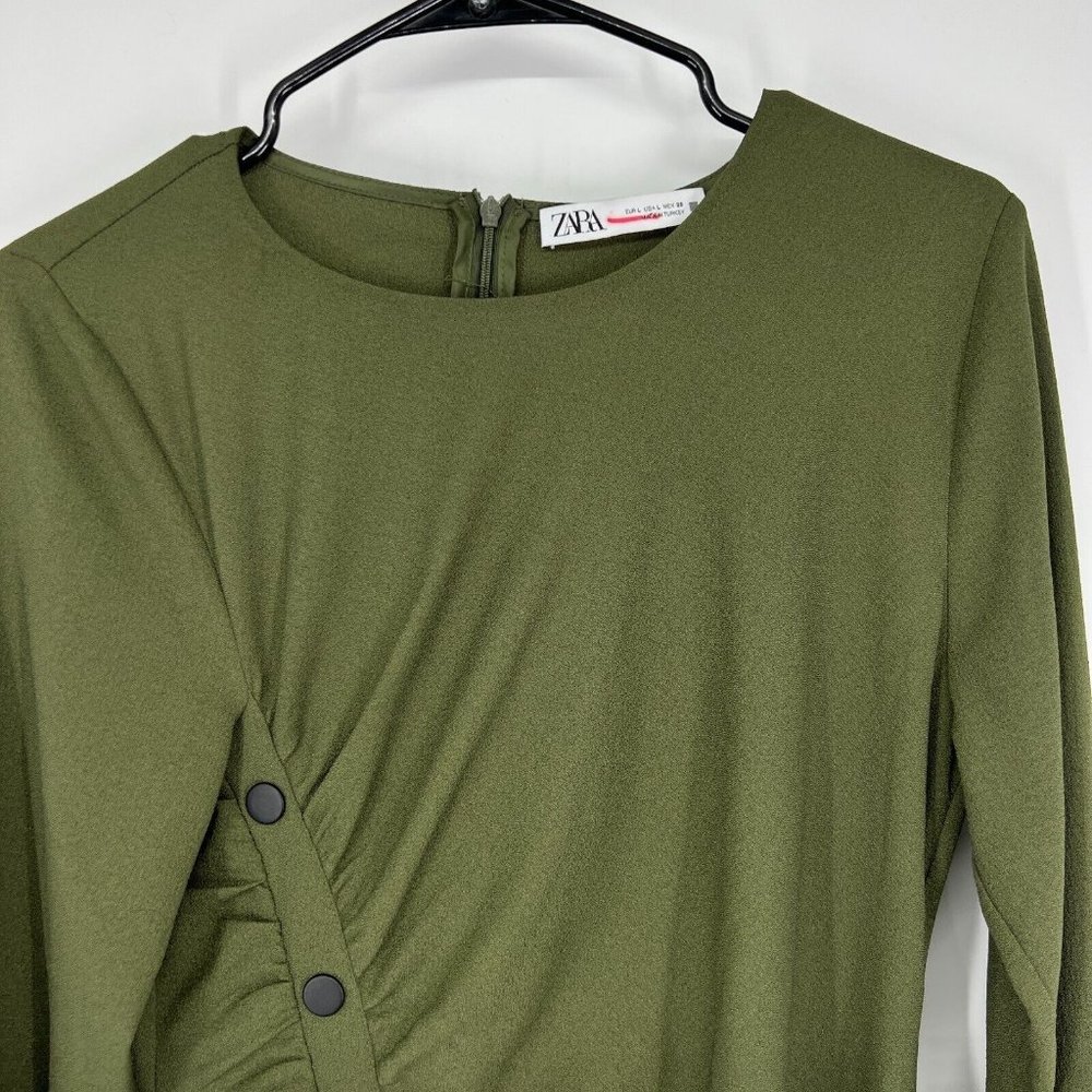 Zara Dress Green Button Front Crepe Long Sleeve Draped Midi - Picture 3 of 11